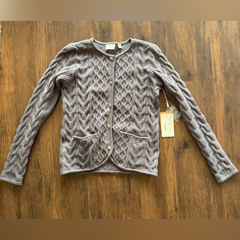 Cyrus Cable-Knit Crewneck Cardigan - Gray